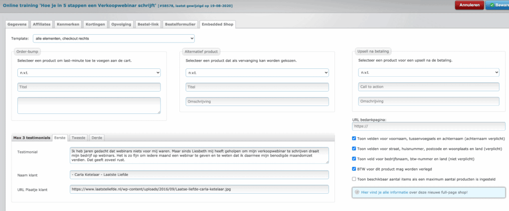 Shoppingcart Autorespond review en ervaring embed shop invullen